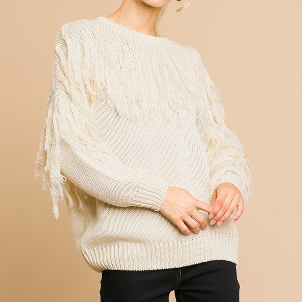 Umgee BOHO Tassel Fringe Knit Sweater Cream